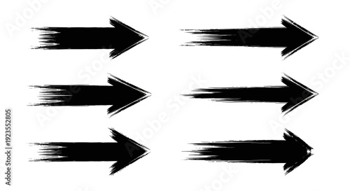 A set of six black brush stroke arrows pointing to the right on a white background.