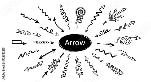 A collection of diverse hand-drawn arrow icons radiating from a central oval labeled 'Arrow'.