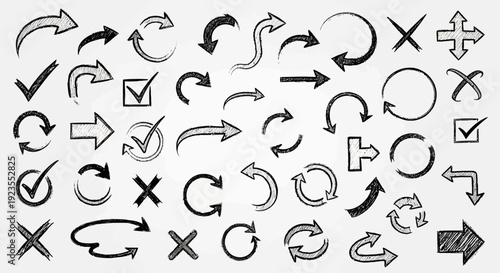 A collection of hand-drawn arrow icons and symbols, including checkmarks, crosses, and circular arrows, presented on a light background.
