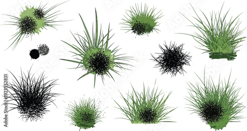 Collection of stylized hand drawn green grass clumps and black abstract scribble elements perfect for natural landscape design work