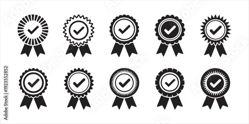 Black and White Award Ribbons with Checkmark Icons, Representing Quality, Success, and Approval.