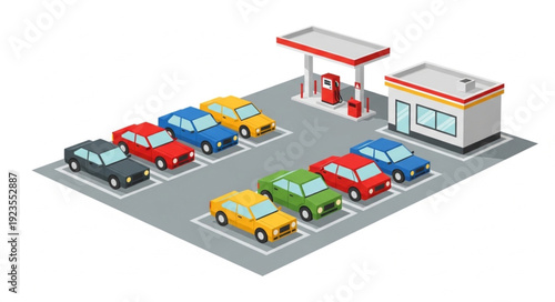 Colorful Cars at Gas Station.