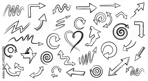 A diverse collection of hand-drawn arrow icons and symbols, showcasing various styles and directions.