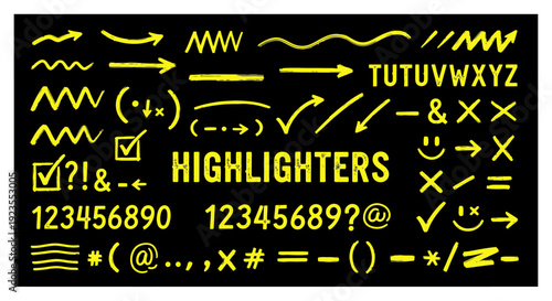 A collection of yellow highlighter marks, arrows, checkmarks, and text on a black background.