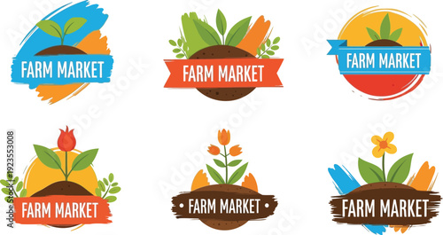 Collection of six vibrant flat design farm market labels featuring seedlings and various stylized flowers growing from rich brown soil mounds