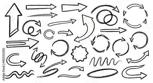A collection of hand-drawn arrow icons and graphic elements in various styles and directions, presented on a white background.