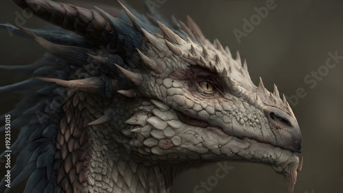 A majestic dragon's head with scales and horns in a detailed close-up view