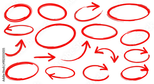 A collection of hand-drawn red circles and arrows, often used for emphasis or to indicate direction in diagrams and presentations.