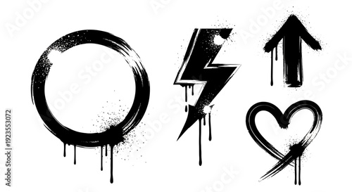 A collection of black spray paint graffiti icons including a circle, lightning bolt, arrow, and heart.