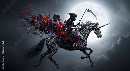 Grim Reaper on horseback with scythe amidst flowers and smoke under full moon