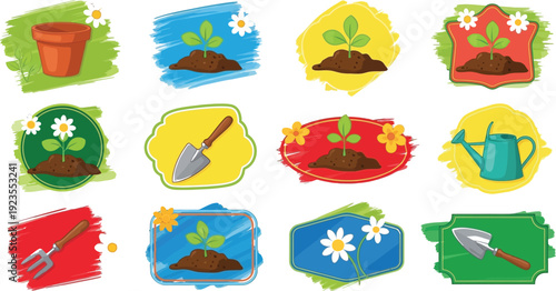 A colorful collection of twelve illustrated springtime gardening icons featuring growing seedlings flower pots and essential hand tools for cultivation projects
