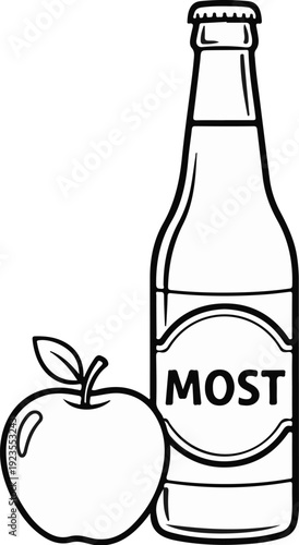 A bottle of apple cider next to a fresh red apple