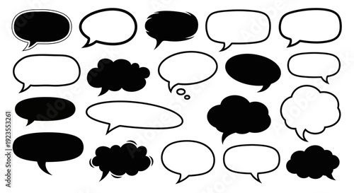 A collection of diverse black and white speech bubbles and thought clouds in various shapes and sizes.