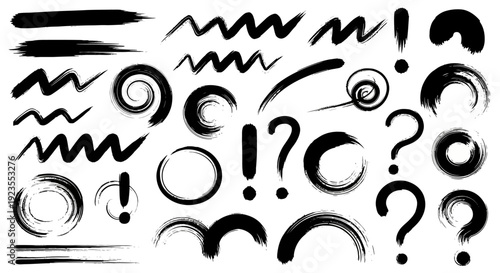 A collection of black ink brush stroke elements including lines, swirls, question marks, and exclamation points on a white background.