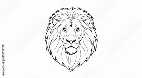 A bold, stylized black line drawing of a lion's head, with a flowing mane
