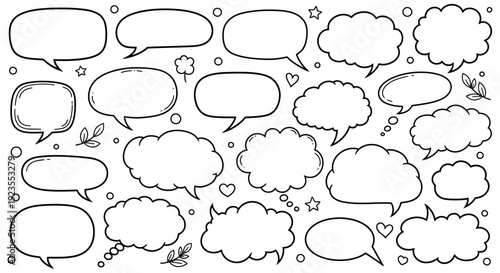 A collection of hand-drawn speech bubbles and thought clouds in various shapes and sizes, perfect for comic strips or graphic design.