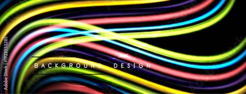 Vibrant flowing lines create abstract background. Colors blend, forming dynamic wave pattern. Black space emphasizes luminosity.