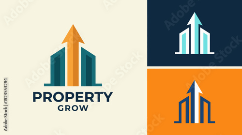 A modern logo representing property growth with a stylized upward arrow and buildings, perfect for real estate companies looking to showcase growth and development.