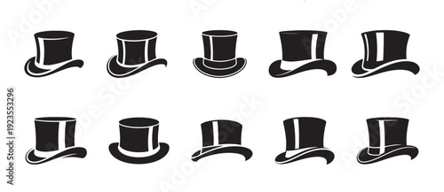 Collection of Black Top Hats Icons. and Silhouettes on White Background.