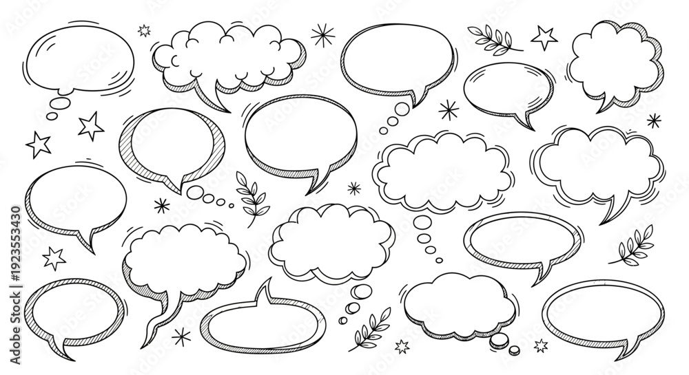 Fototapeta premium A collection of hand-drawn speech and thought bubbles in various shapes and sizes, set against a white background with decorative elements.