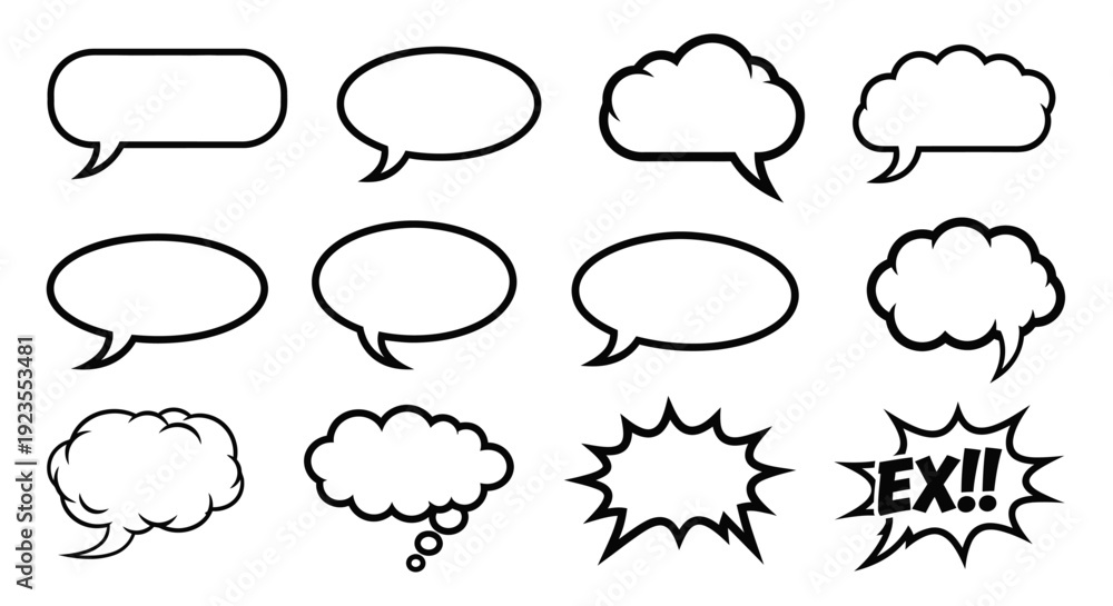 Fototapeta premium A collection of twelve different comic book style speech and thought bubbles, including cloud shapes and sharp-edged bursts.
