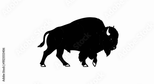 A bold black silhouette of a bison with a shaggy mane and horns