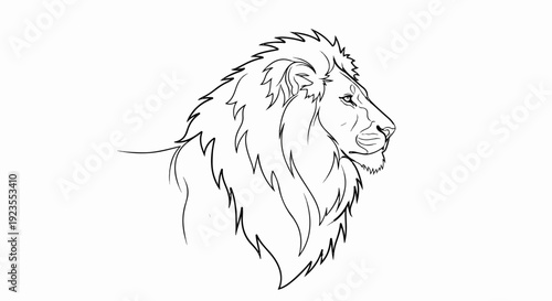 A bold, black outline drawing of a majestic lion's head facing right