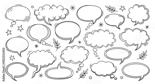 A collection of hand-drawn speech and thought bubbles in various shapes and sizes, set against a white background with decorative elements.