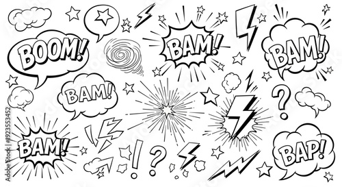 A collection of comic book style sound effect words like BOOM, BAM, and BAP, with lightning bolts, stars, and question marks.