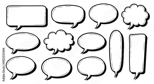 A collection of hand-drawn speech bubbles and thought clouds in various shapes and sizes.