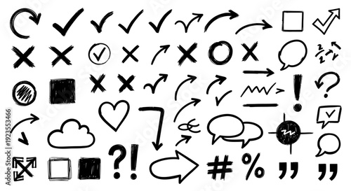 A comprehensive collection of hand-drawn doodle icons and symbols, including arrows, checkmarks, crosses, and various shapes.
