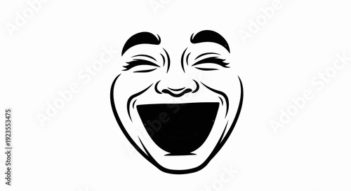 A bold black and white graphic of a face contorted in extreme laughter