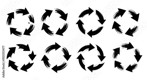 Collection of eight circular arrow icons with a brush stroke texture, representing cycles and processes.