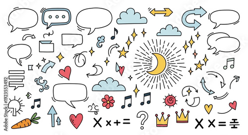 A collection of hand-drawn doodle elements including speech bubbles, clouds, hearts, music notes, stars, arrows, and a crescent moon.