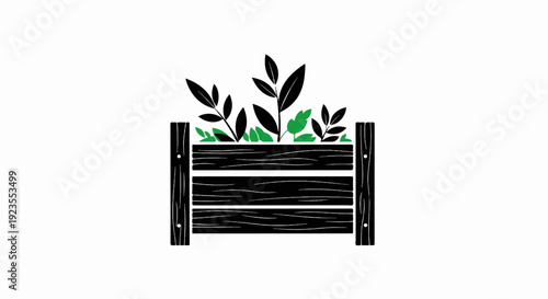 A black wooden planter box with green and black foliage
