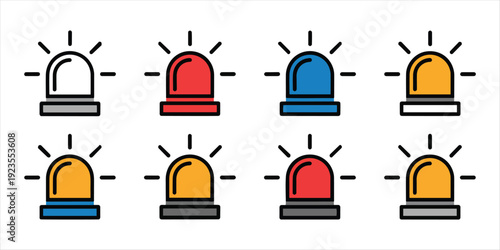 Colorful Warning Lights Icons. Red, Blue, Yellow, White Siren Beacons for Emergency and Alert Situations.