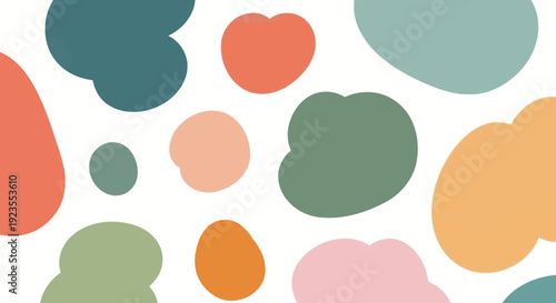 Abstract organic shapes in muted pastel colors on a white background.