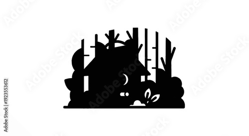A black silhouette of a simple house nestled among trees at night