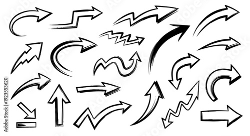 A collection of hand-drawn arrow icons with various styles and directions, presented on a white background.