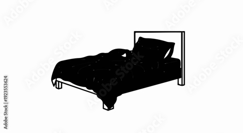 A black silhouette of a single bed with a pillow and rumpled covers