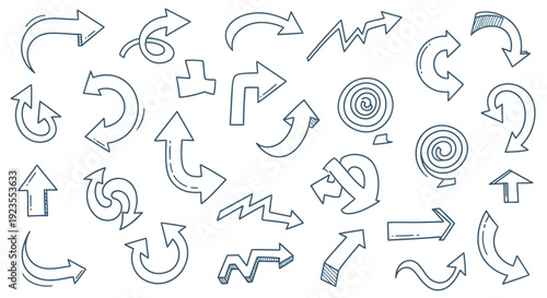 A collection of hand-drawn arrows in various styles and directions, sketched with a blue outline on a white background.