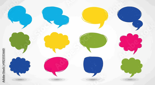 A collection of colorful, hand-drawn speech bubbles in various shapes and sizes, set against a light gray background.
