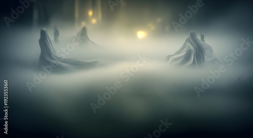 Mysterious silhouettes emerging from foggy landscape with glowing lights in the distance, captured from a low viewpoint, sss (60).png