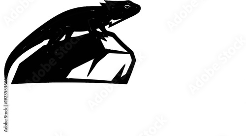 A black silhouette of a lizard perched on a jagged rock