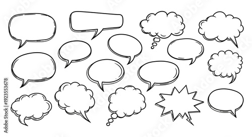 A collection of hand-drawn speech bubbles and thought clouds in various shapes and sizes, rendered in a simple black and white sketch style.