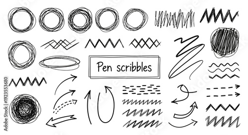 A collection of hand-drawn pen scribbles including circles, zigzags, arrows, and dashed lines.