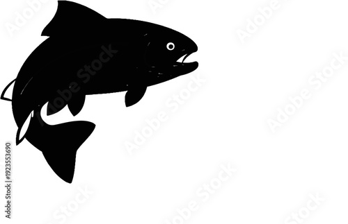 A black silhouette of a fish jumping in water