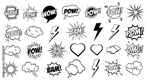 A collection of comic book style sound effect and speech bubble graphics, including 'Wow', 'Pow', 'Bam', 'Pom', and 'OMG', along with lightning bolts, clouds, hearts, and starbursts.