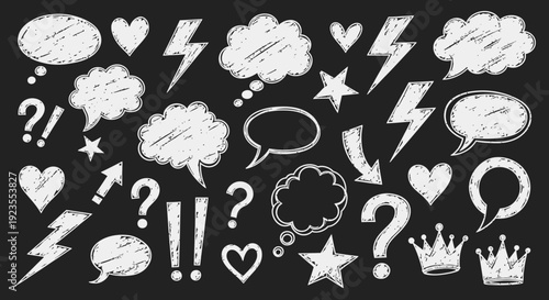 A collection of hand-drawn chalk-style speech bubbles, question marks, lightning bolts, hearts, stars, and crowns on a dark textured background.