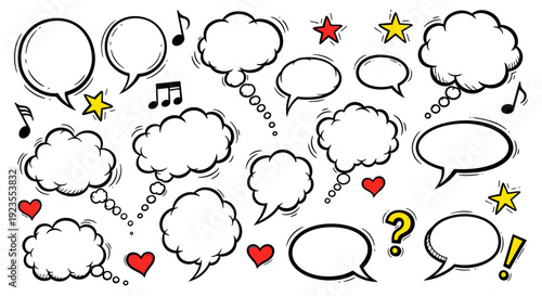 A collection of hand-drawn comic book style speech bubbles and thought clouds with decorative elements like stars, hearts, and musical notes.